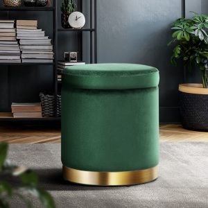 Round Velvet Storage Ottoman - Green with Gold Accents