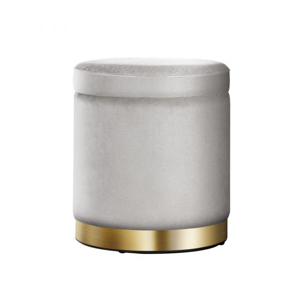 Round Velvet Storage Ottoman - Grey with Gold Accents