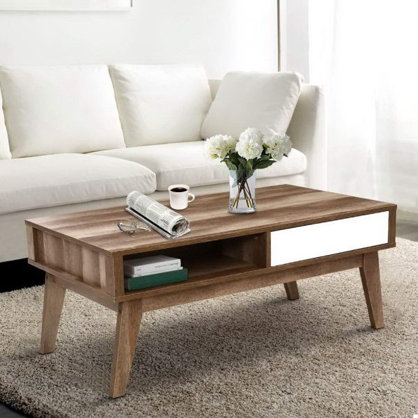 Scandinavian Wooden 2 Draw Open-Shelf White Coffee Table