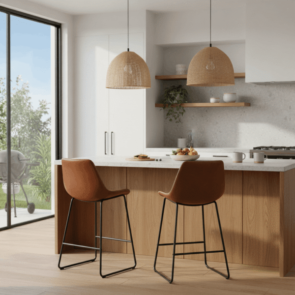 Set of 2 Mahogany Leather Kitchen Barstools