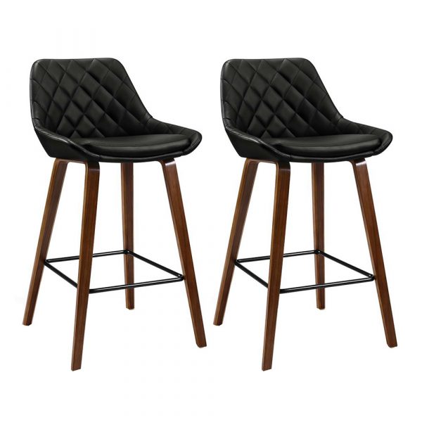 Set of 2 Diamond Pleat Bentwood PU Leather Bar Stools (Black)