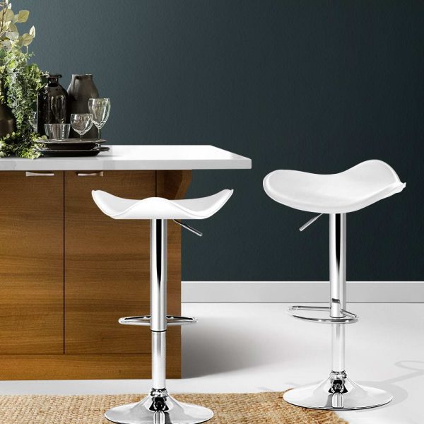 Set of 2 PU Leather Bar Stools (White and Chrome)