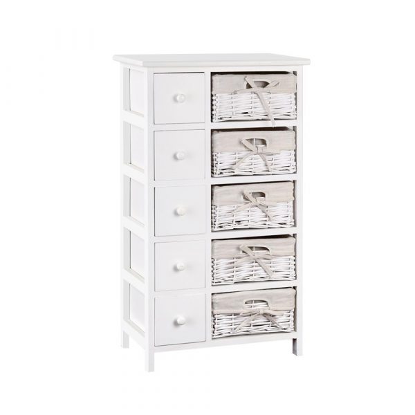 White Tall-boy Storage Chest with Drawers and Wicker Baskets
