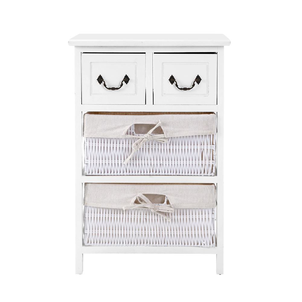 White Coastal Style Side Cabinet with Drawers and Wicker Baskets ...