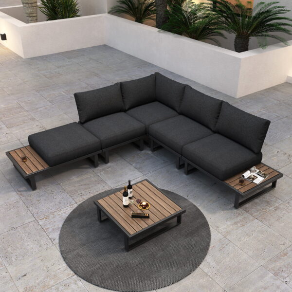 Modern Outdoor 6 Piece Lounge Set with Slatted Polywood Design