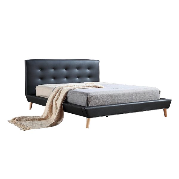Black Leather Double Bed Frame and Headboard with Button Detail