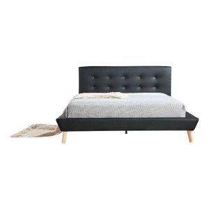 Black Leather Queen Bed Frame and Headboard with Button Detail