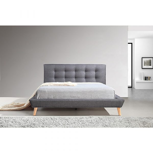 Grey Double Bed Frame and Headboard with Linen Cover and Button Detailing