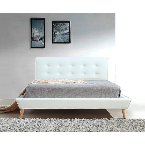 White Leather Queen Bed Frame and Headboard with Button Detail