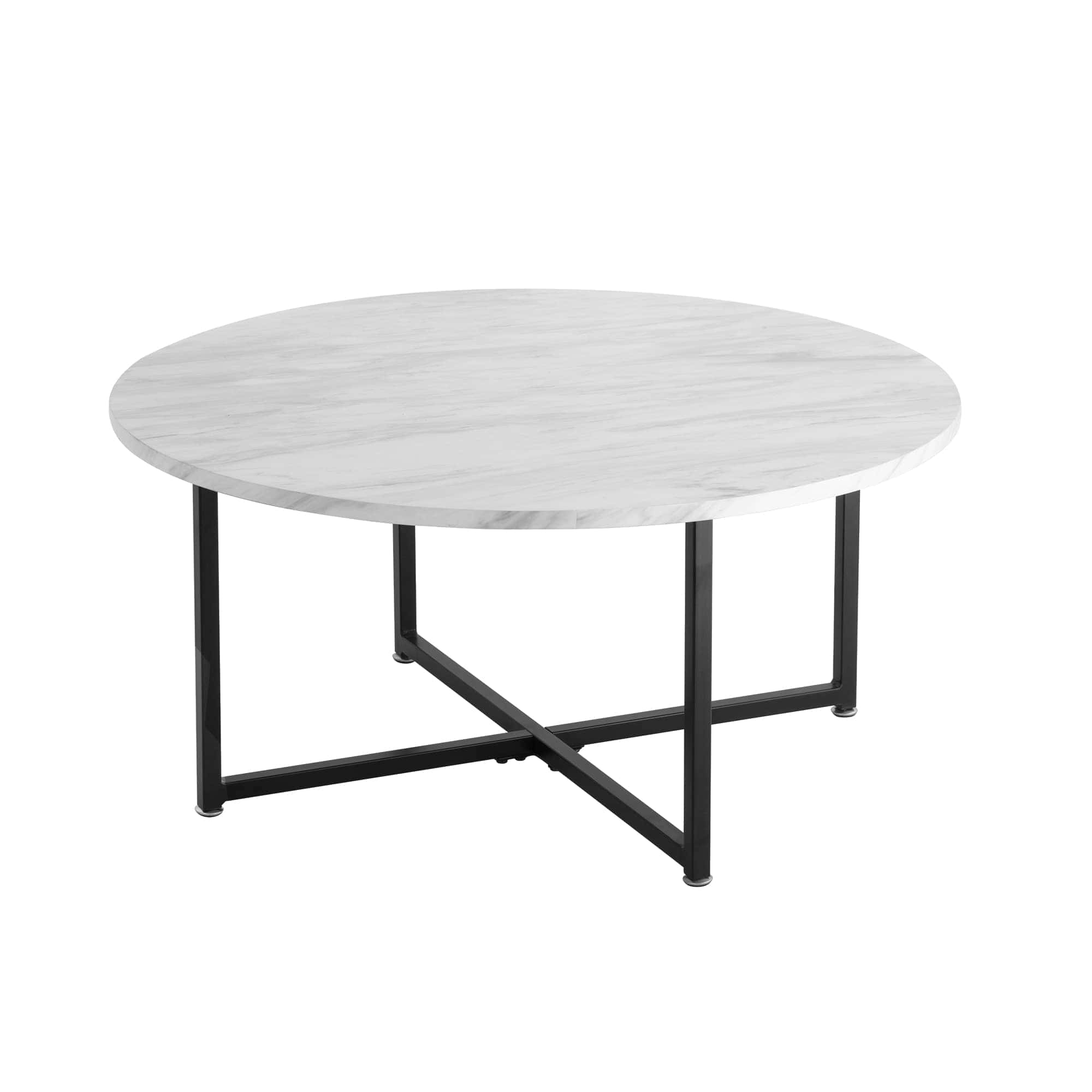 White Marble Effect Round Coffee Table with Black Legs - Dreamo Living