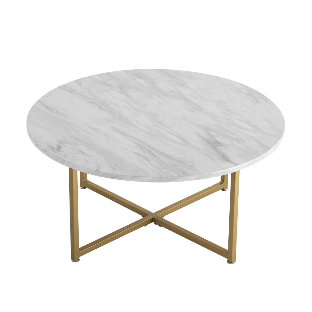 White Marble Effect Round Coffee Table with Gold Legs Dreamo Living
