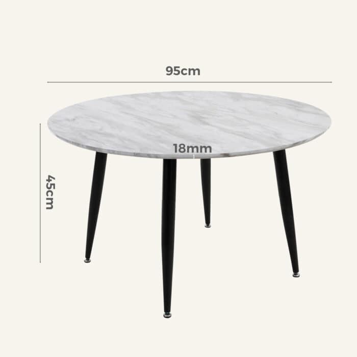 Minimalist round coffee table with marble effect top and black tapered legs.