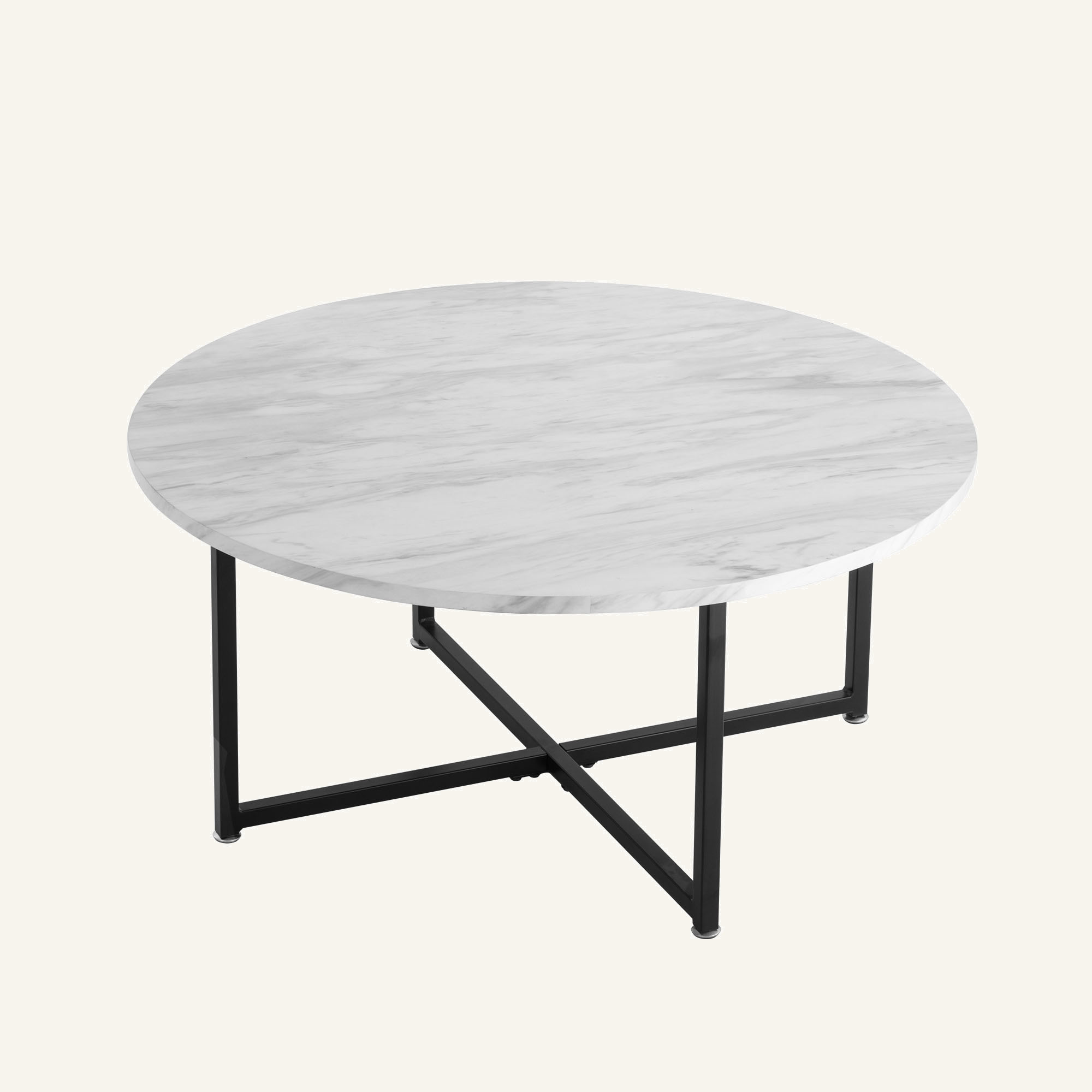 White marble effect round coffee table with black metal legs for modern living rooms.
