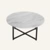 White marble effect round coffee table with black metal legs from Dreamo Living.