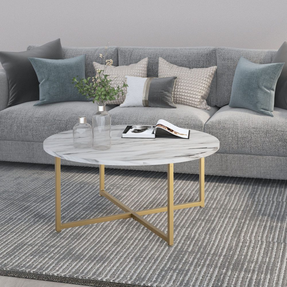 White Marble Effect Round Coffee Table with Gold Legs Dreamo Living