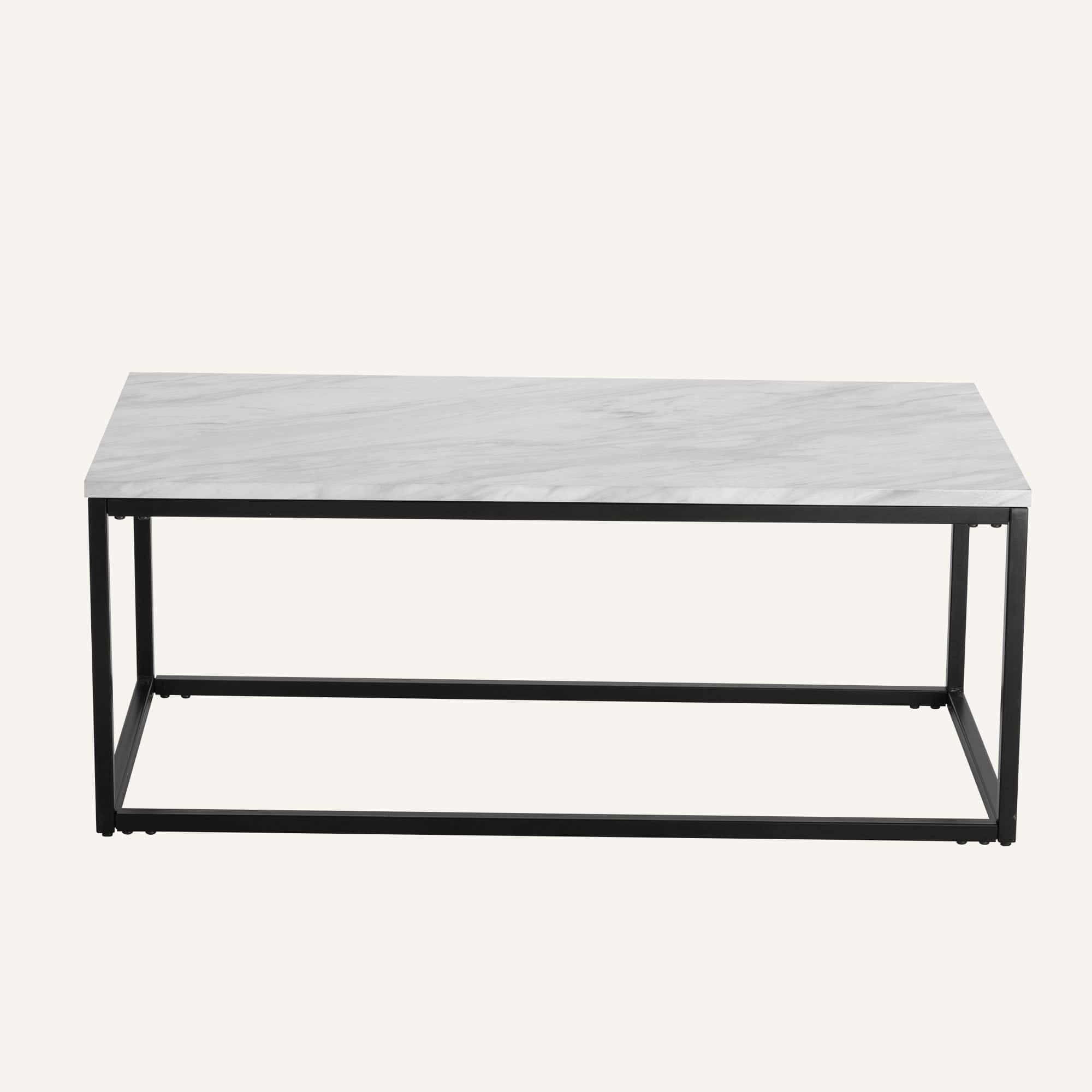 Industrial style marble effect rectangular coffee table with black metal frame.