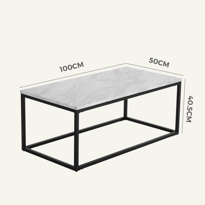 Industrial style marble effect rectangular coffee table with black metal frame.