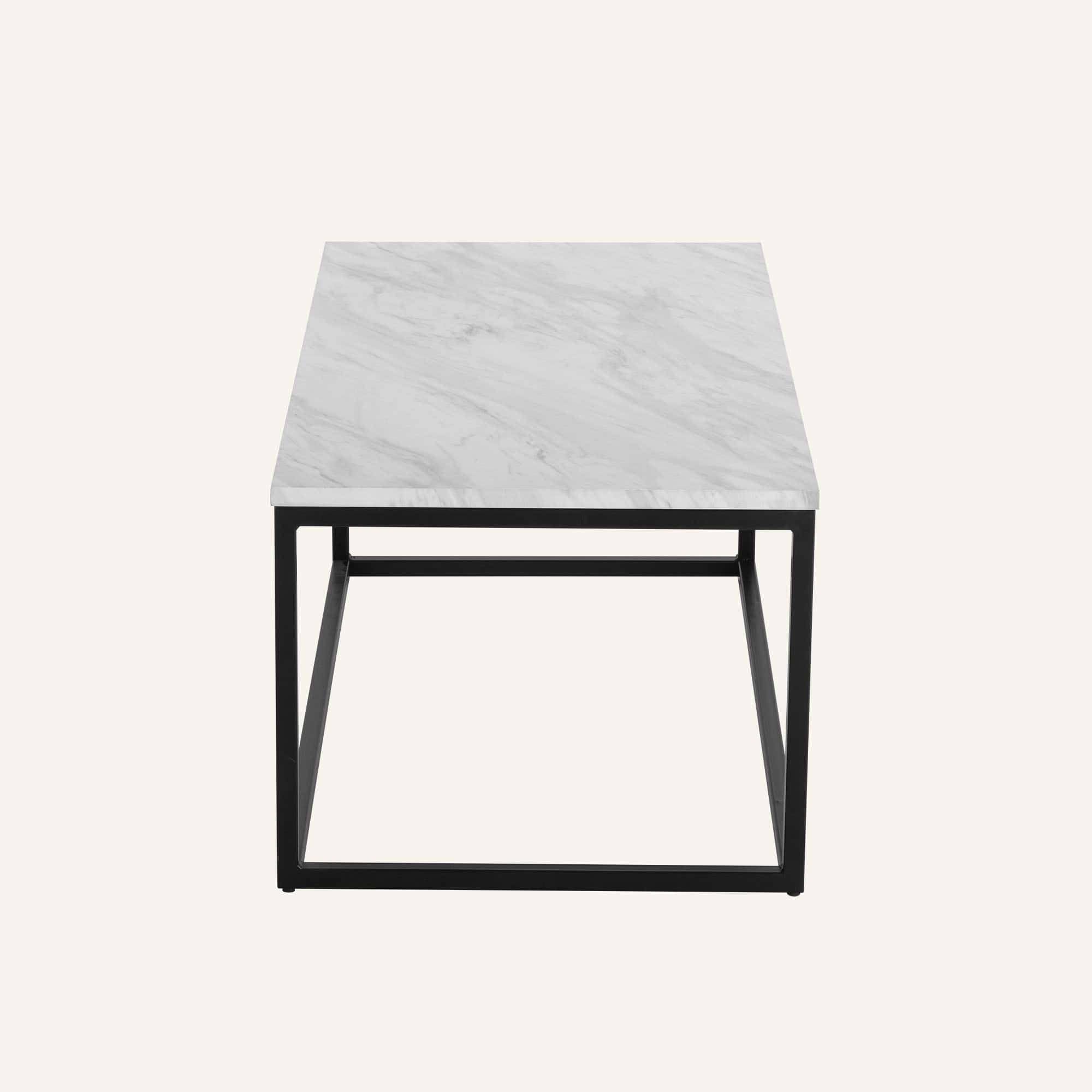Modern rectangular coffee table with marble effect top and black metal frame.