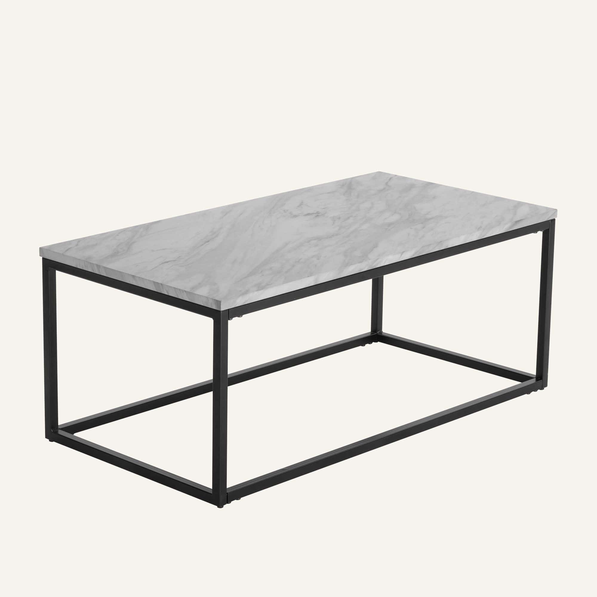 Industrial style marble effect rectangular coffee table with black metal frame.