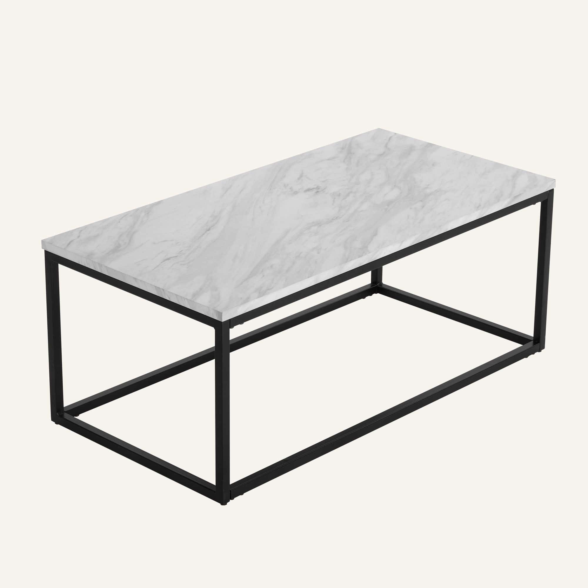 Modern marble effect rectangular coffee table with black metal frame.