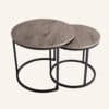 Modern nesting coffee tables with wooden tops and black metal frames.