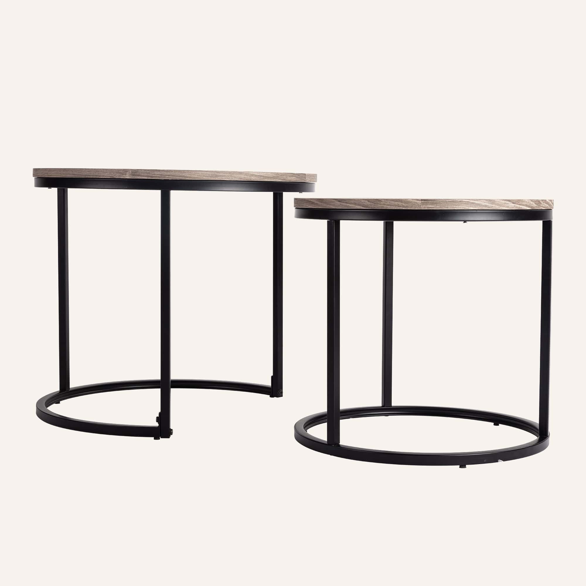 Modern nesting coffee tables with black metal frames and wooden tops.