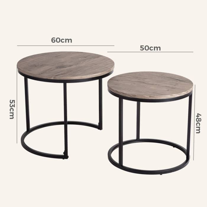 Modern nesting coffee tables with wooden tops and black metal frames.