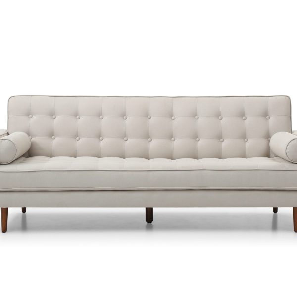 Three-Seater Button Tufted Beige Fabric Sofa Bed