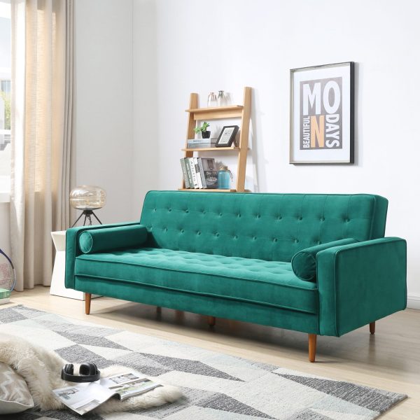 Three-Seater Button Tufted Green Velvet Sofa Bed