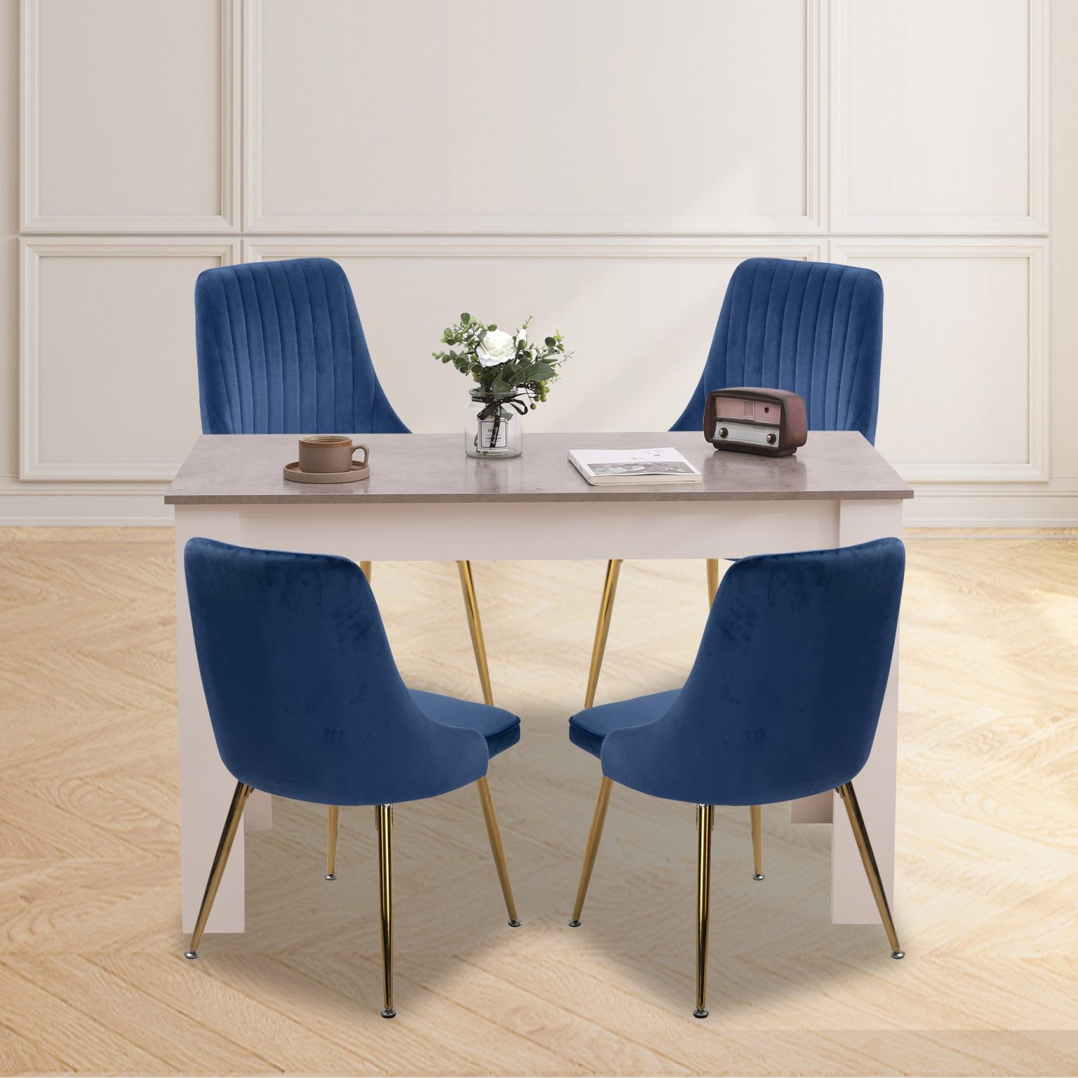 Grey Rectangular Dining Table with 4x Blue Velvet Chairs - Dreamo Living
