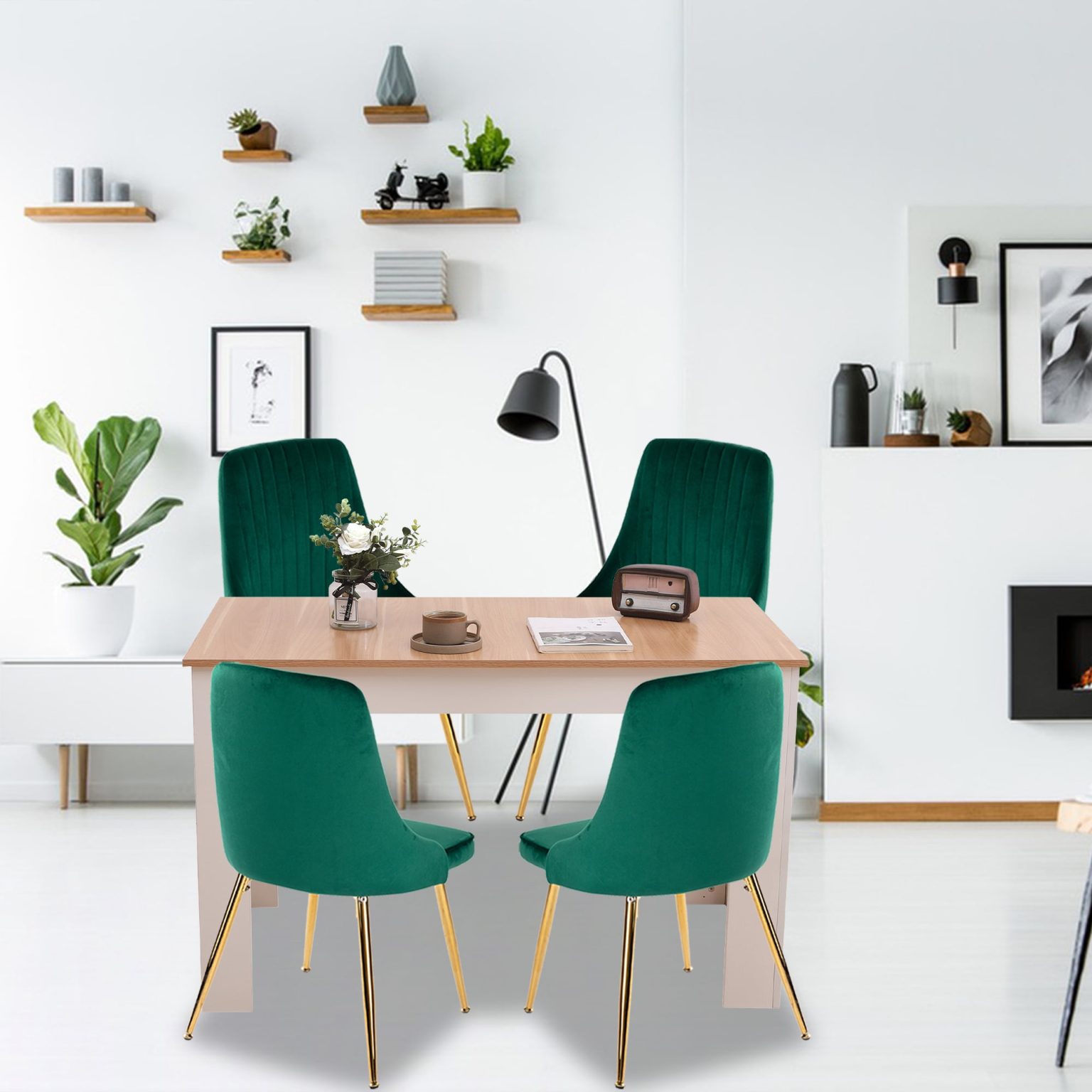 Natural Rectangular Dining Table with 4x Green Velvet Chairs - Dreamo Living
