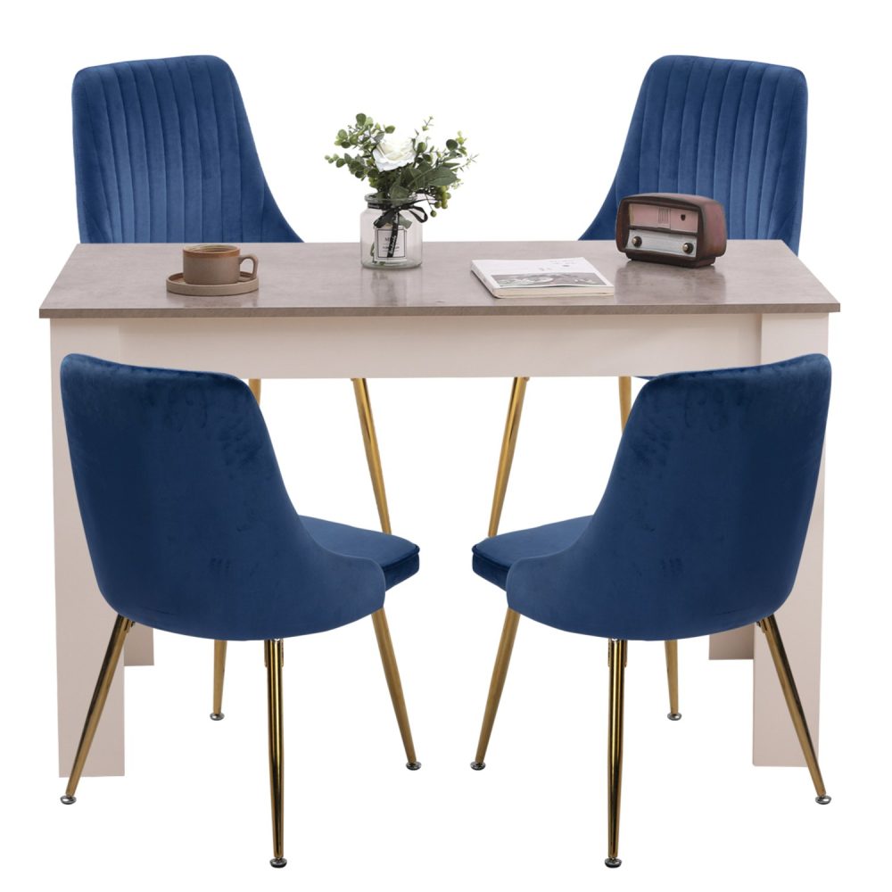 Grey Rectangular Dining Table with 4x Blue Velvet Chairs - Dreamo Living