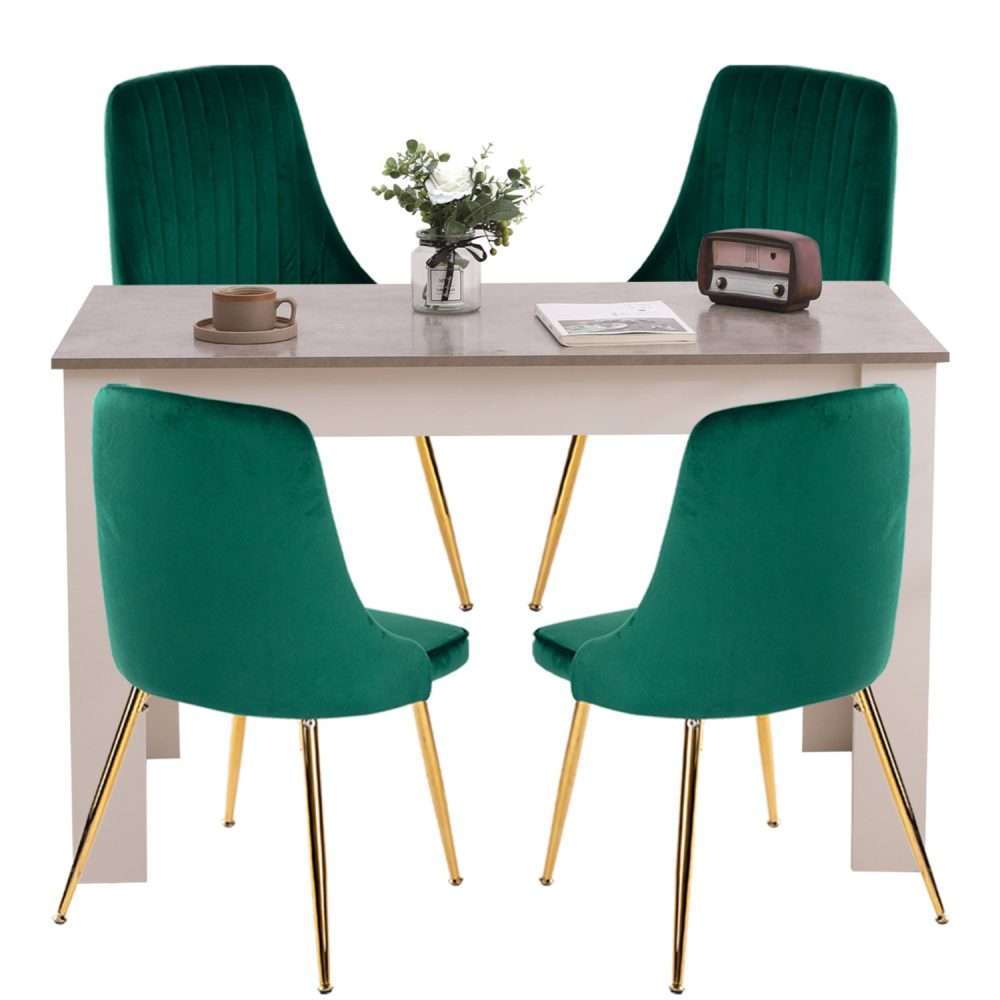Grey Rectangular Dining Table with 4x Green Velvet Chairs Dreamo Living