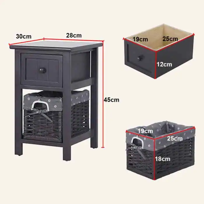 Grey bedside table with wicker basket and storage drawer, dimensions shown.