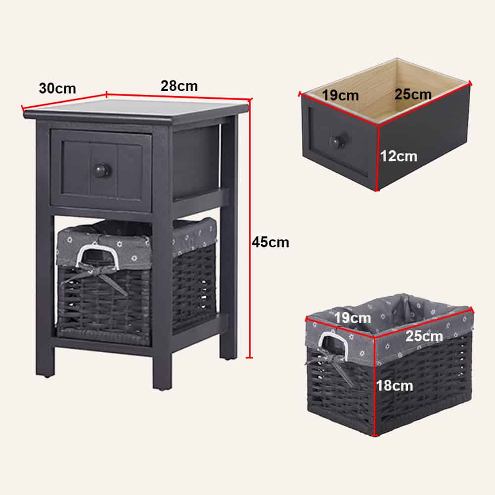 Grey bedside table with wicker basket and storage drawer, dimensions shown.