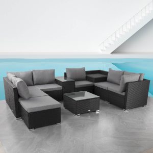 8PC Outdoor Lounge Sofa Set with Wicker End Table and Ottoman Black