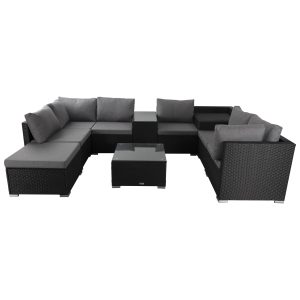 8PC Outdoor Lounge Sofa Set with Wicker End Table and Ottoman Black