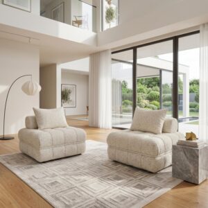 Modern living room with Martina Bouclé Sofa Set in a bright, spacious space.