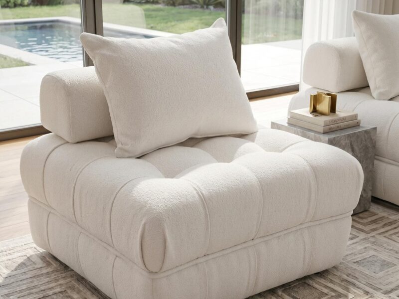 Martina Bouclé Sofa Set - Starry Cloud, L Elegant white bouclé sofa with plush cushions in a modern living room setting.