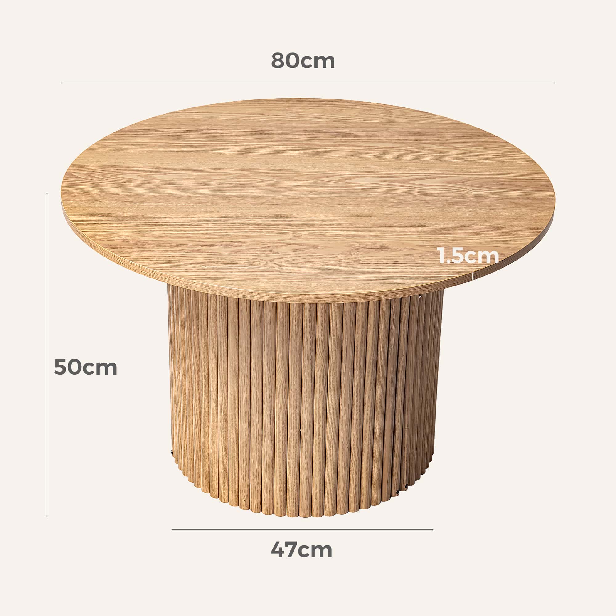 Luxe wooden round coffee table with vertical slat base, 80cm diameter, 50cm height.