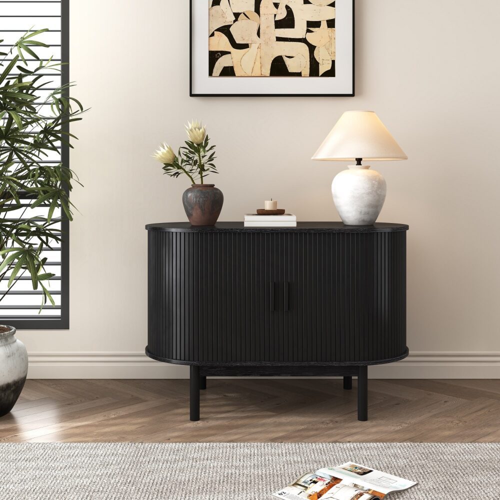 Mid-Century Black Ribbed Sideboard Cabinet - Dreamo Living