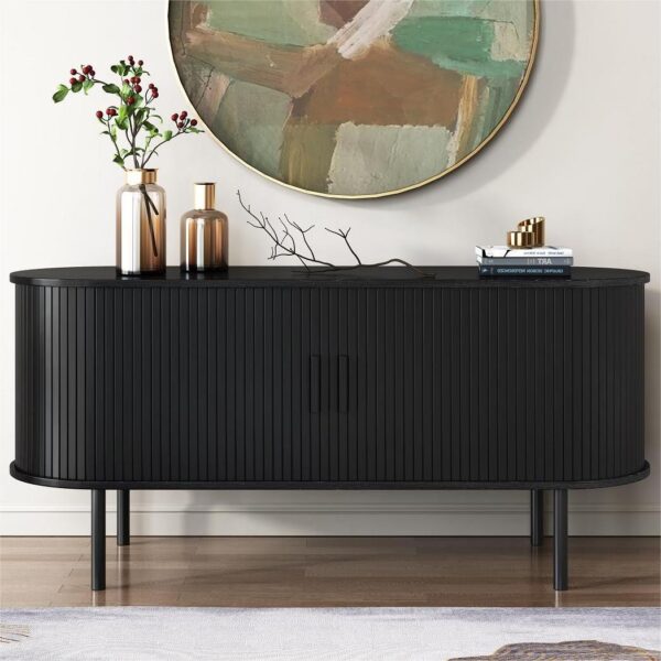 Ribbed Black Sideboard with Sliding Doors