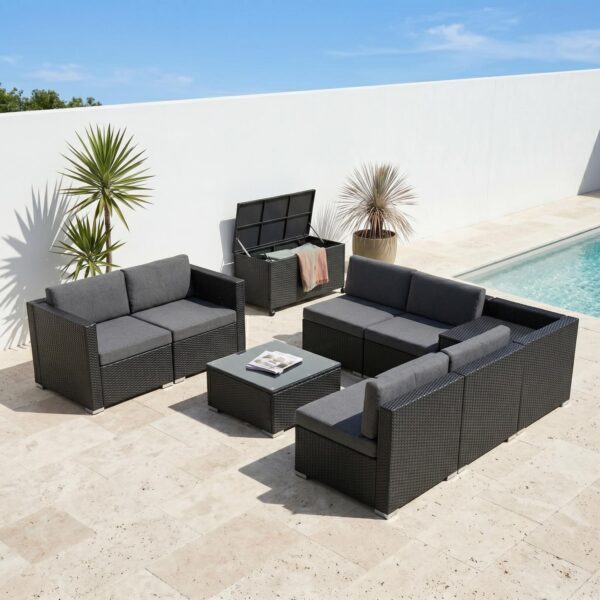 Outdoor Lounge Sofa Packages Lizard 8PCS Lounge Sofa with 320L Storage Box-Black