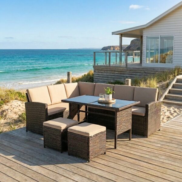 Modular 8-Seater Outdoor Garden Dining Table and Chair Set - Brown