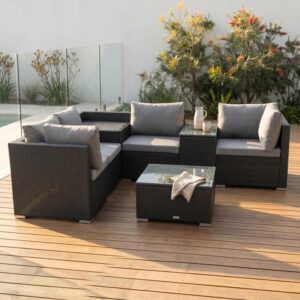 7PC Outdoor Wicker Loveseat Setting with Storage Corner (Black)