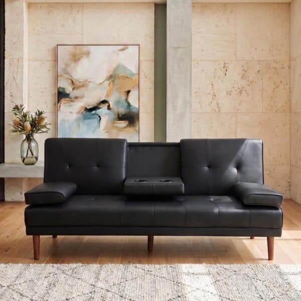 3 Seater Adjustable Sofa Bed With Cup Holder Black