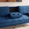 Mid-Century Black Ribbed Sideboard Cabinet Stylish blue velvet sofa with built-in cup holders and black backrest.