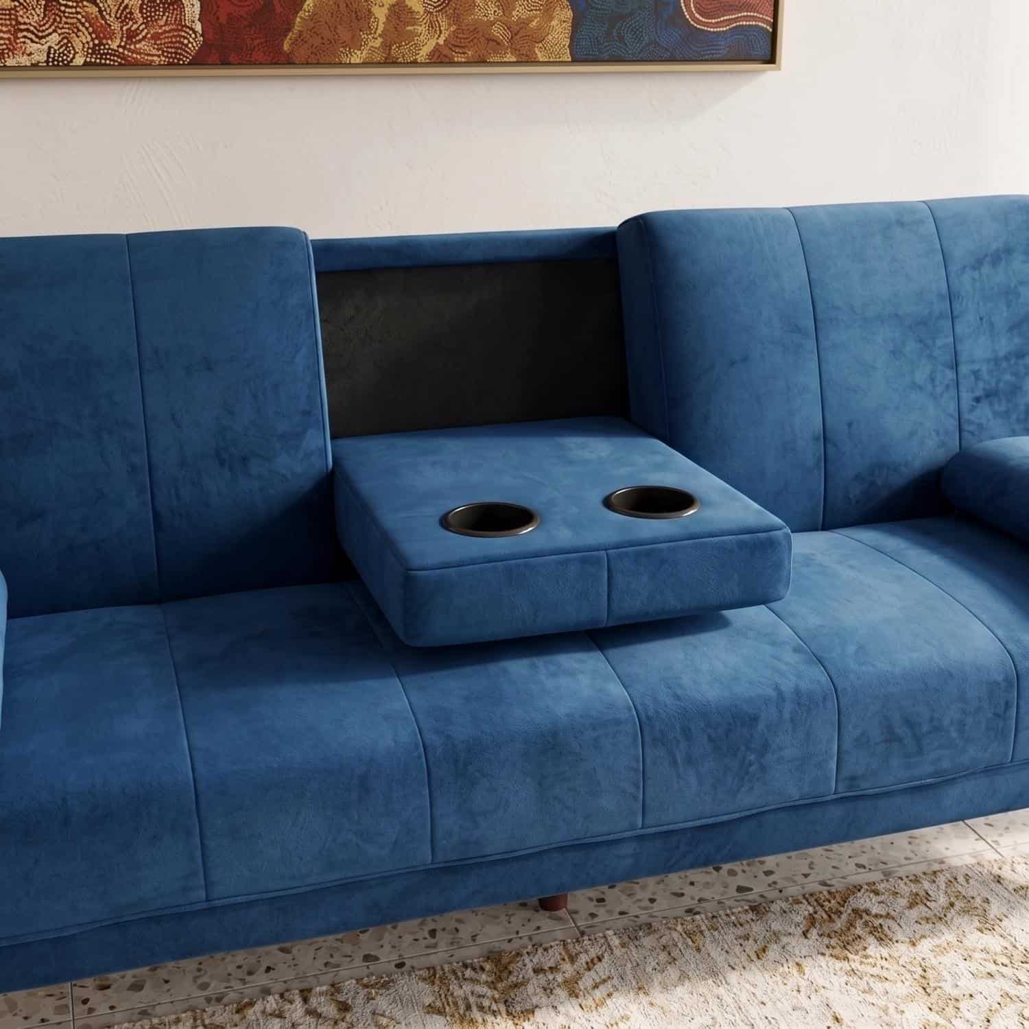 Mid-Century Black Ribbed Sideboard Cabinet Stylish blue velvet sofa with built-in cup holders and black backrest.