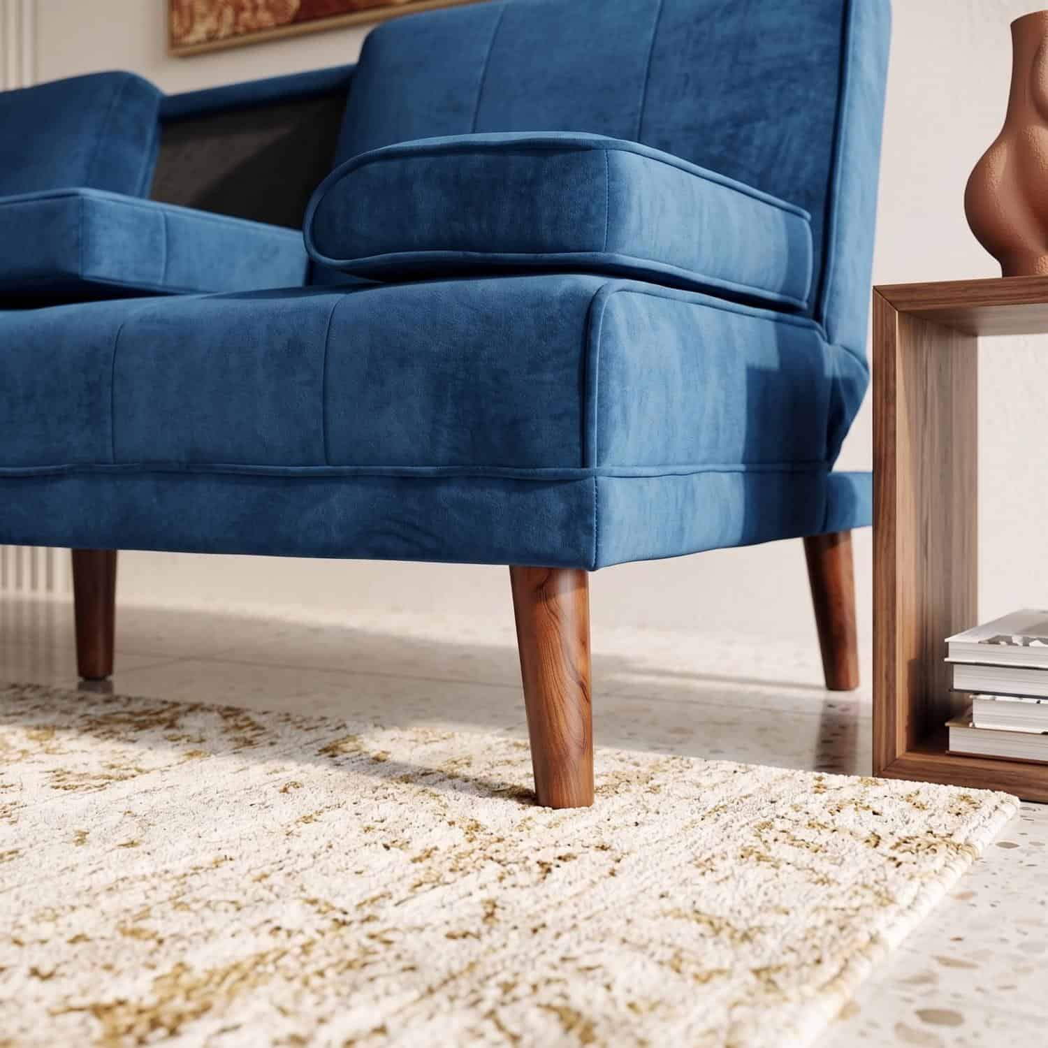 Dreamo Living Mid-Century Sideboard Elegant blue velvet sofa with wooden legs in modern living room.