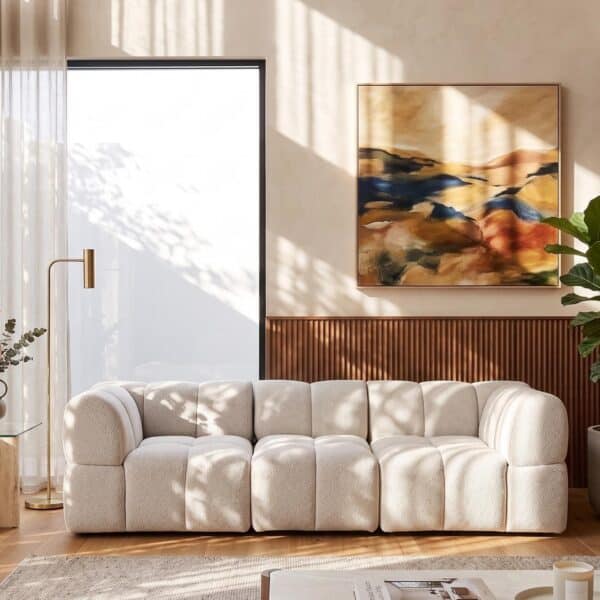 Lola 3.5 Seater Multi-Coloured Bouclé Sofa Couch in modern living room.